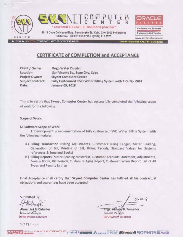 Water Billing System Certificate of Completion and Acceptance