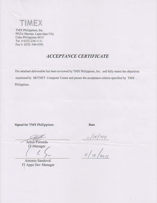 Acceptance Certificates