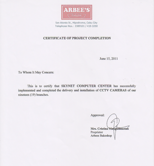 Certificate of Project Completion